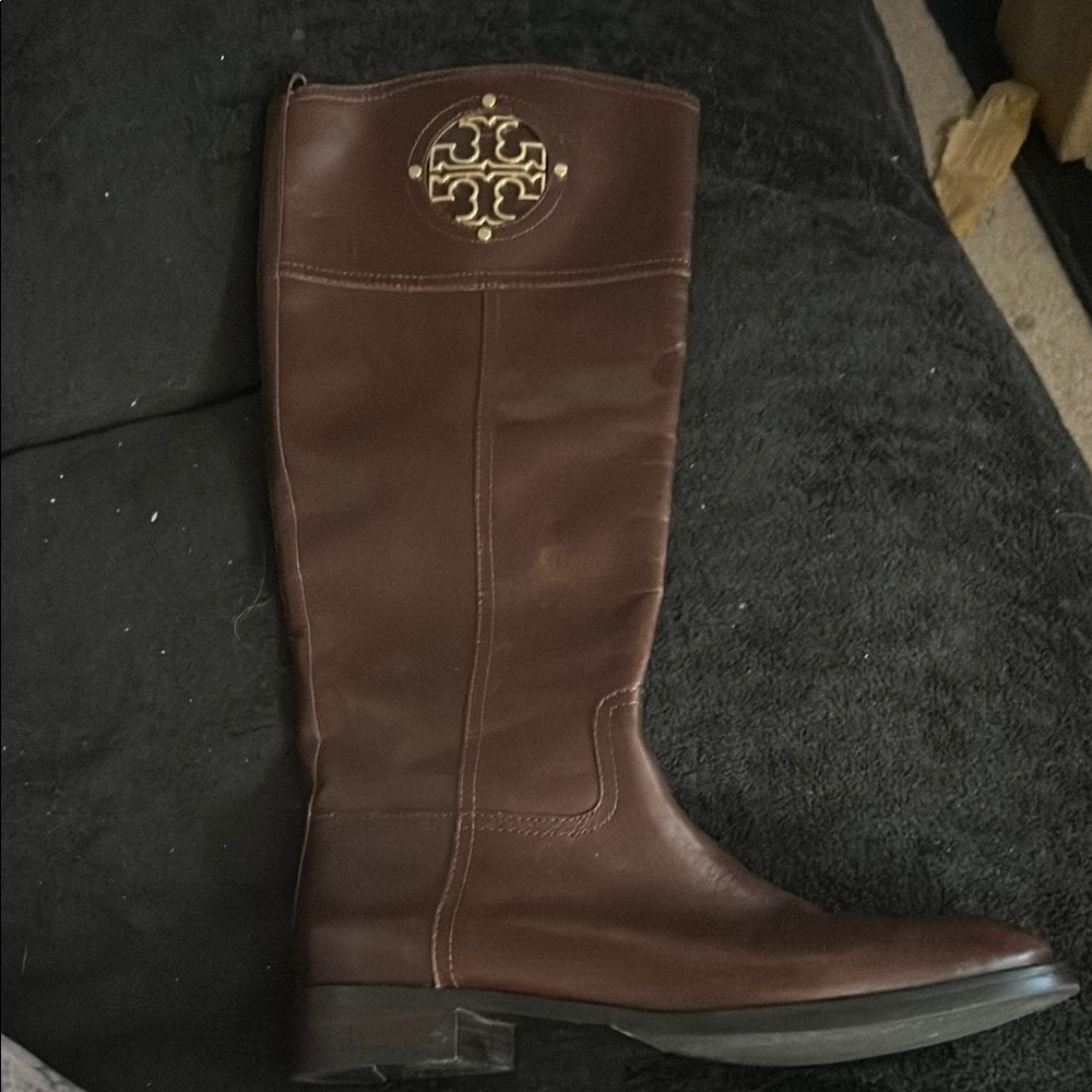 Tory Burch Chocolate Leather Boots with Gold Emblem…